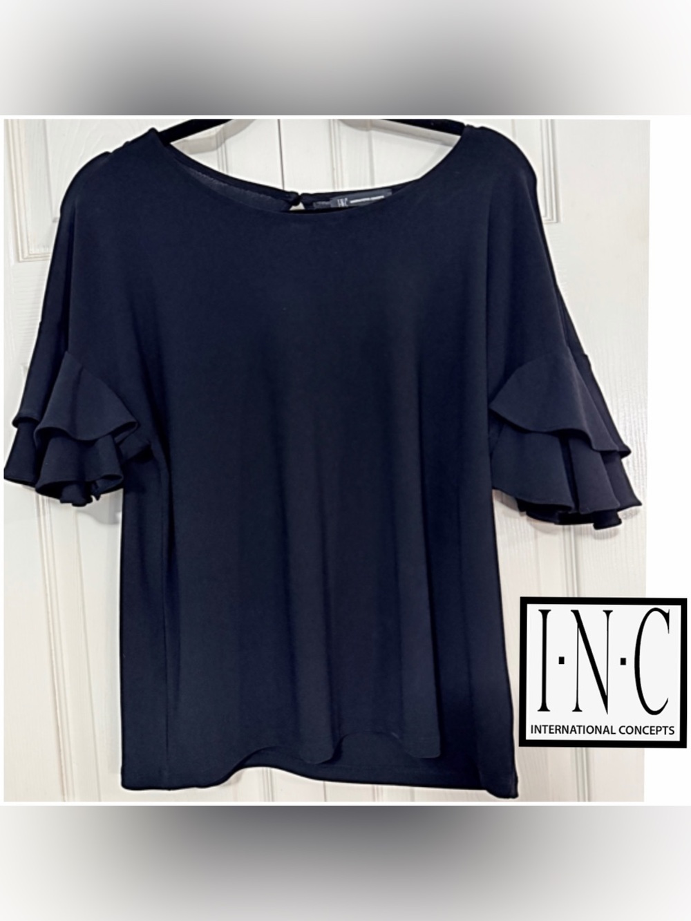 INC International Concepts, Black Ruffle Sleeve Blouse